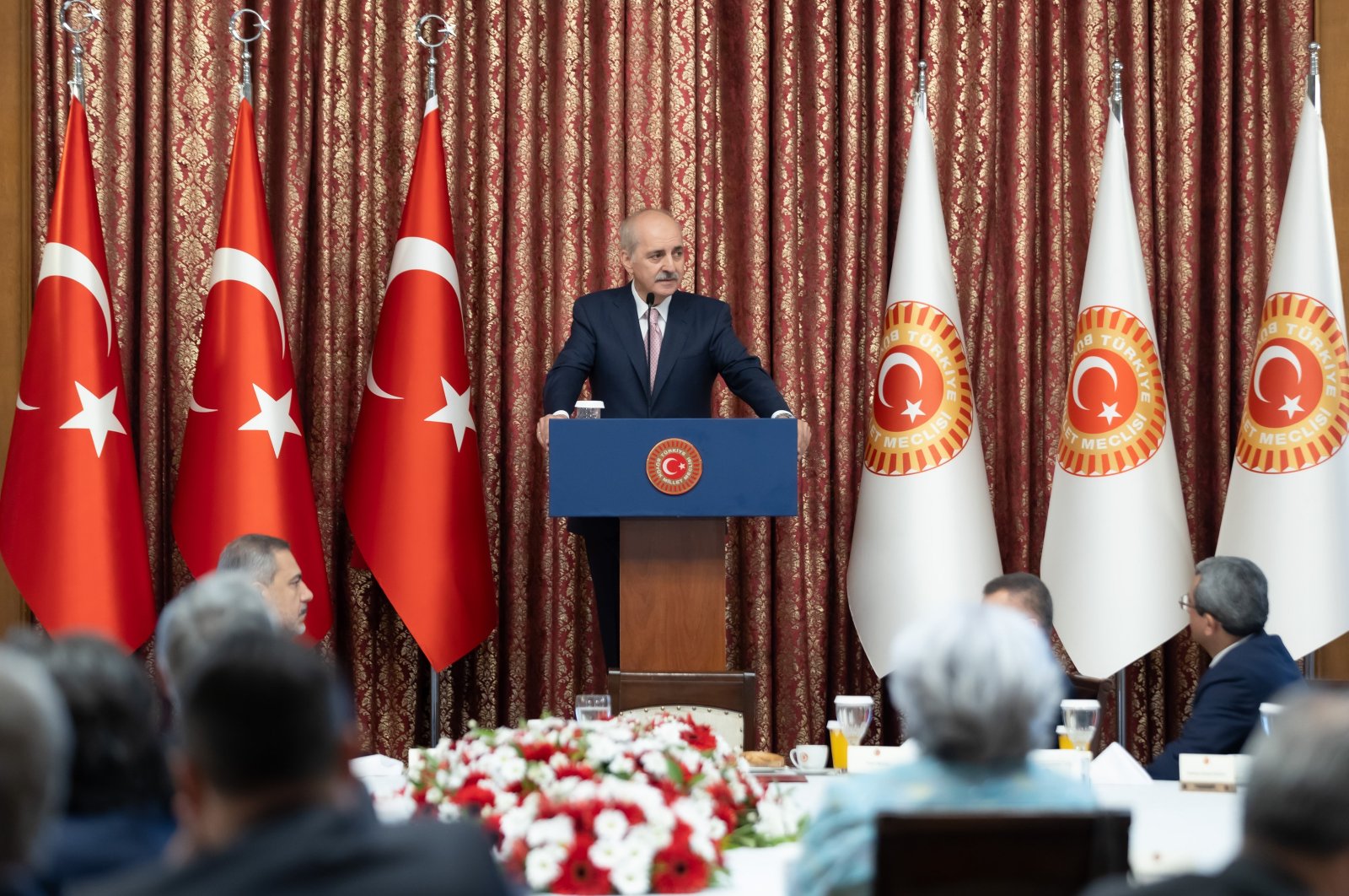 Parliament Speaker Numan Kurtulmuş addresses the 14th Ambassadors Conference in the capital Ankara, Türkiye, Aug. 9, 2023. (AA Photo)