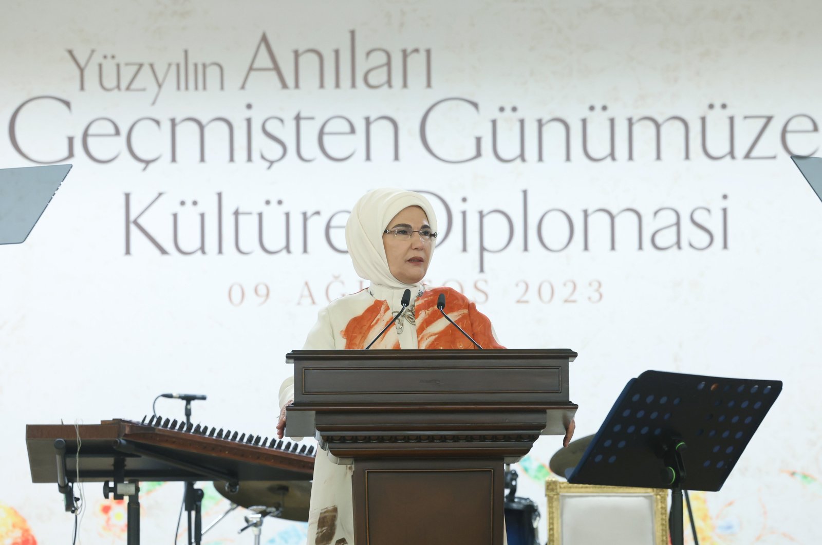 First Lady Emine Erdoğan addresses women ambassadors and wives of ambassadors on the sidelines of the 14th Ambassadors Conference in Ankara, Türkiye, Aug. 9, 2023. (AA Photo)