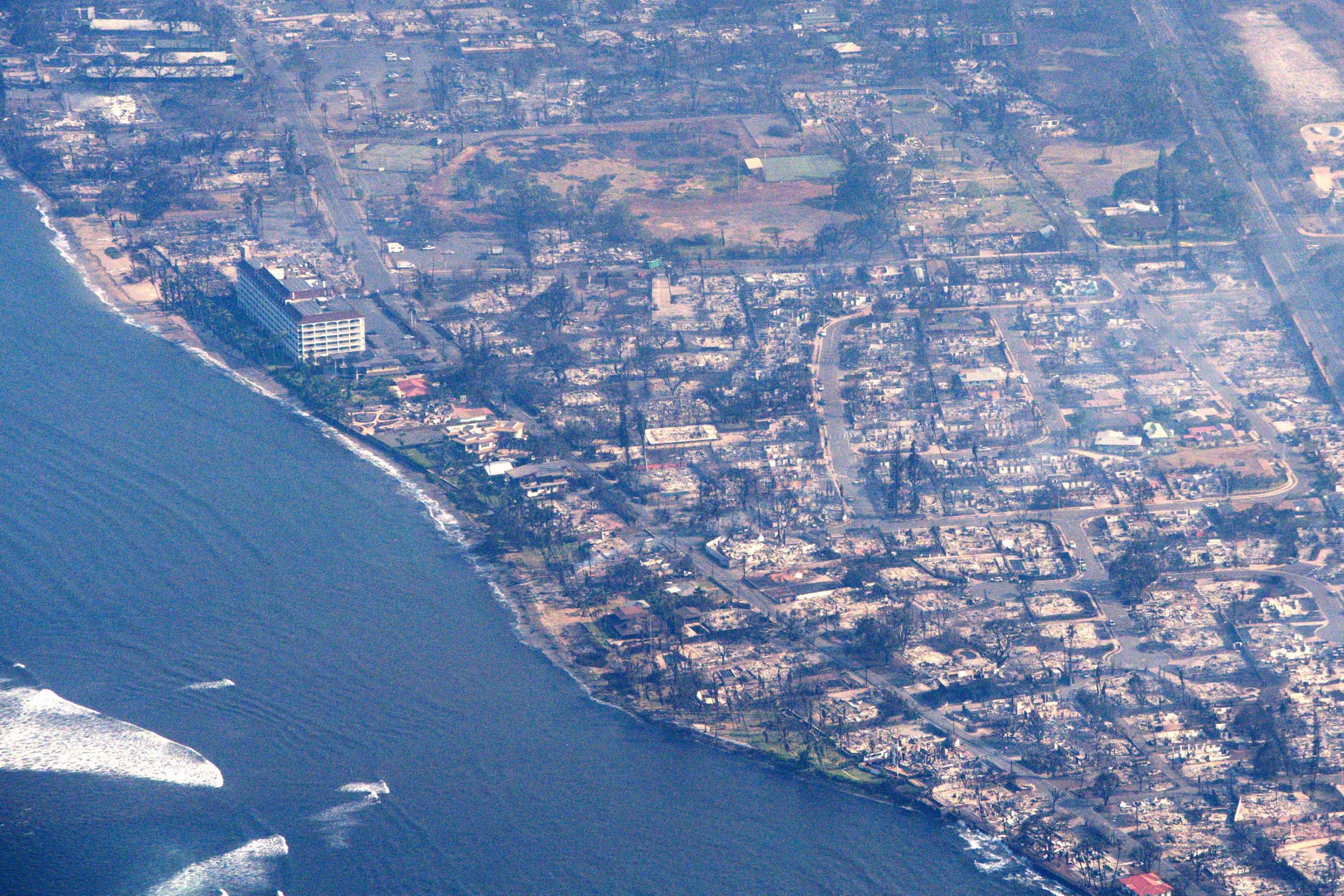 An aerial view of damaged buildings as a wildfire burns in Lahaina, Hawaii, U.S., Aug. 9, 2023. (AFP Photo)