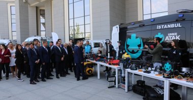 Health Minister Fahretin Koca along with officials and UMKE members inspect the Atak rescue vehicle, Ankara, Türkiye, Aug. 9, 2023. (IHA Photo)