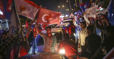 Supporters of President Recep Tayyip Erdoğan celebrate his runoff victory in Kahramanmaraş, southern Türkiye, May 28, 2023. (AP Photo)