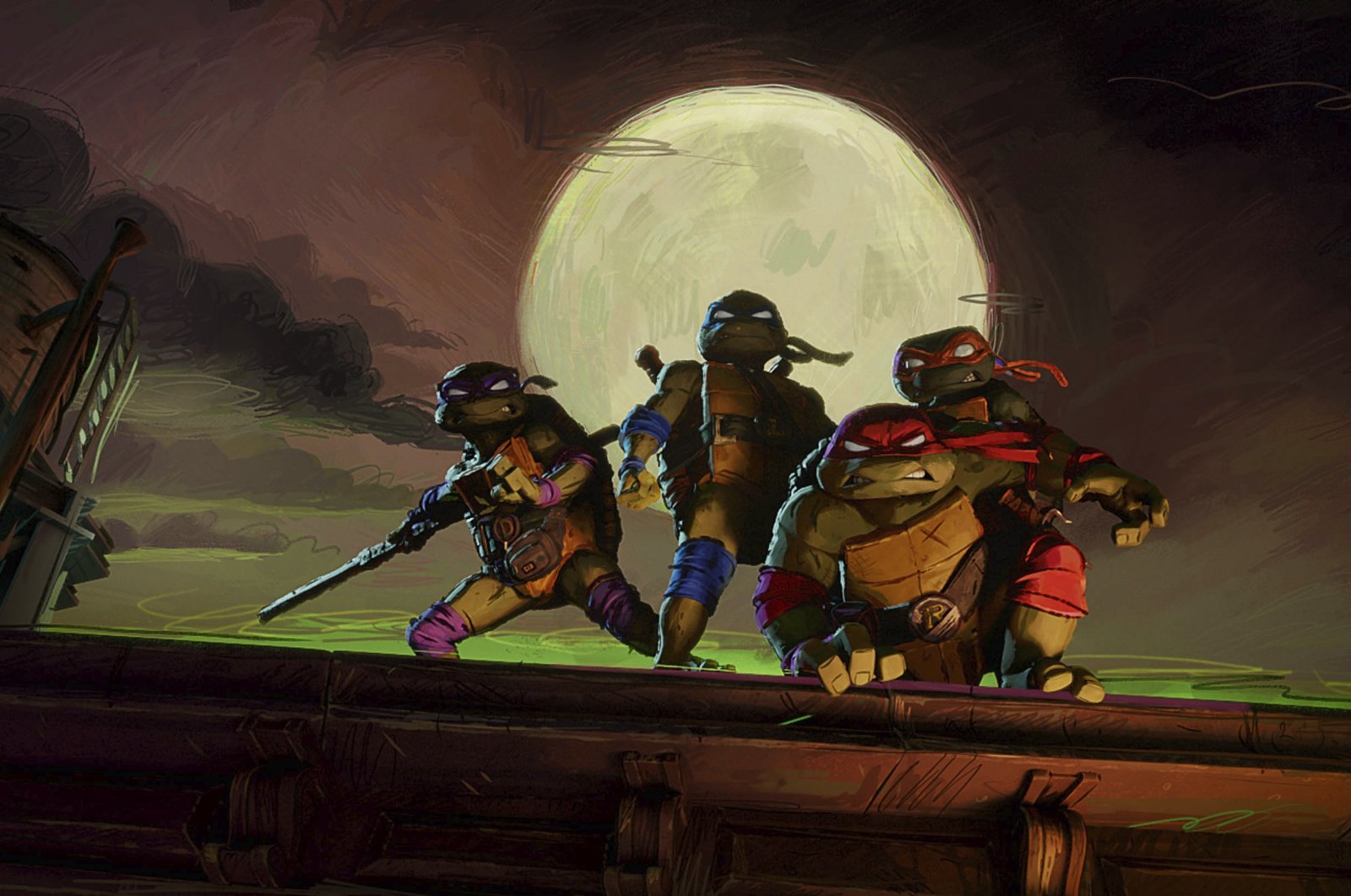 This image released by Paramount Pictures shows, from left, Donatello &quot;Donnie&quot;, voiced by Micah Abbey, Leonardo &quot;Leo&quot;, voiced by Nicolas Cantu, Raphael &quot;Raph&quot;, voiced by Brady Noon, and Michelangelo &quot;Mikey&quot;, voiced by Shamon Brown Jr., in a scene from &quot;Teenage Mutant Ninja Turtles: Mutant Mayhem.&quot; (AP Photo)