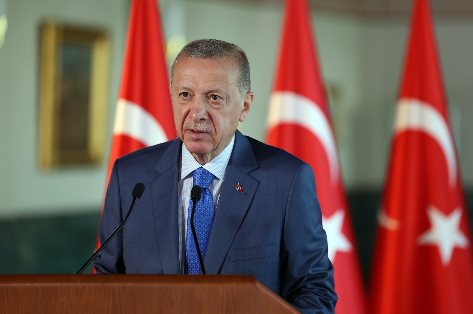 President Recep Tayyip Erdoğan delivers a speech via videoconference at a Kahramanmaraş groundbreaking ceremony, Ankara, Türkiye, Aug. 10, 2023. (AA Photo)