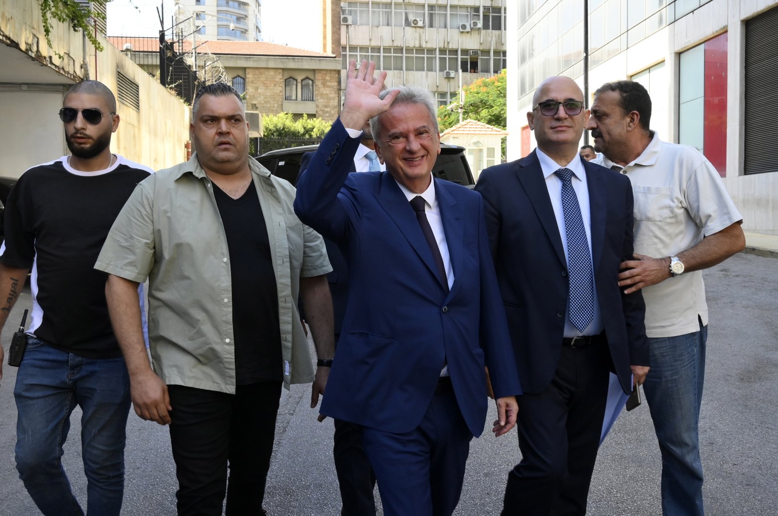 Lebanon&#039;s central bank Governor Riad Salameh (C) greets employees on his last working day in Beirut, Lebanon, July 31, 2023. (EPA Photo)