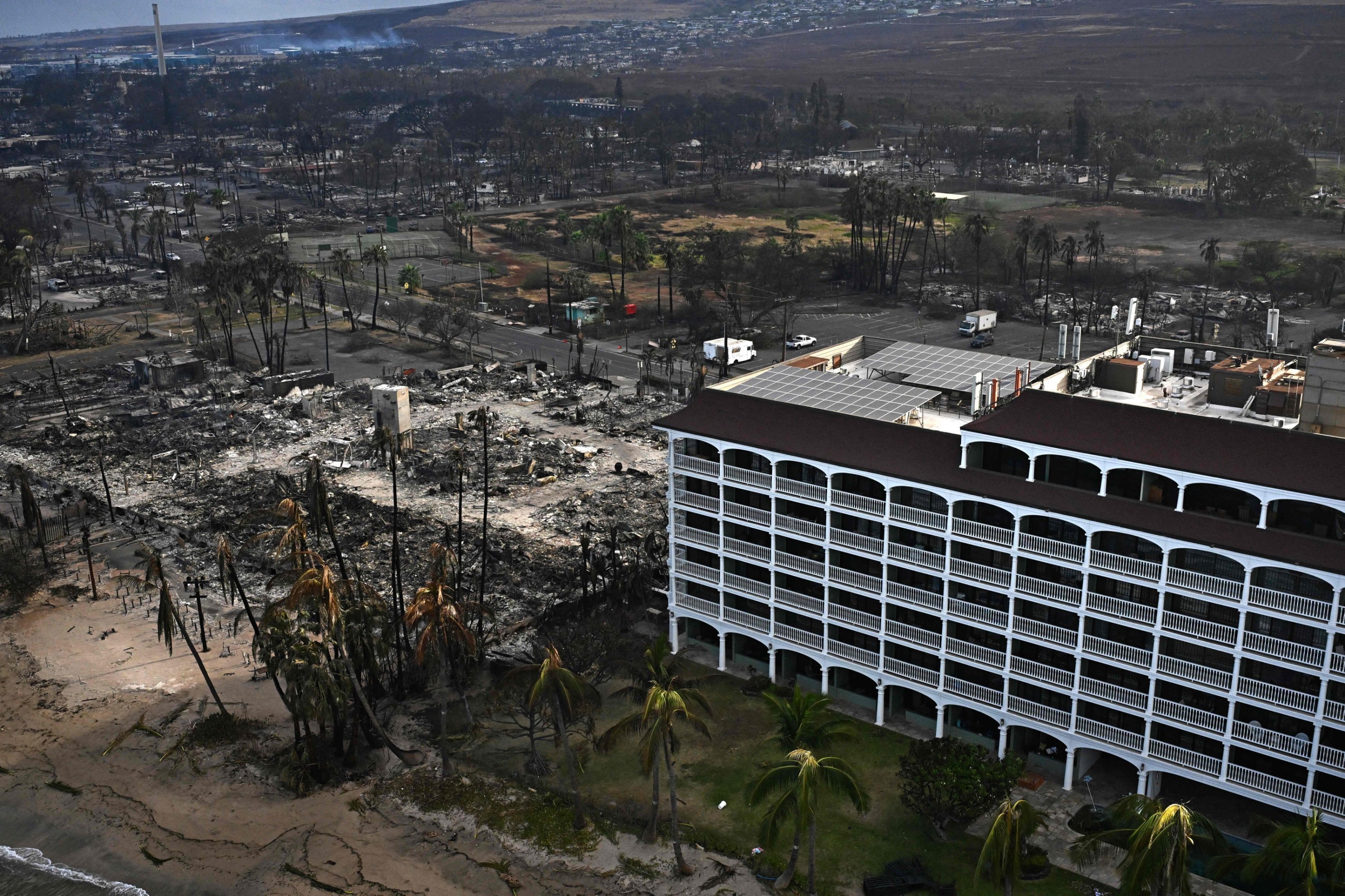 Destroyed homes and buildings on the waterfront burned to the ground in Lahaina in the aftermath of wildfires in western Maui, Hawaii, Aug. 10, 2023.