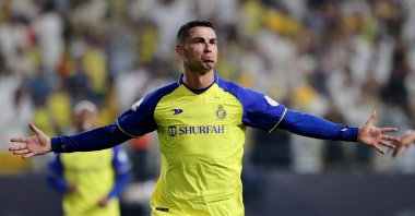 Al-Nassr's Cristiano Ronaldo celebrates scoring their third goal during the Saudi Pro League match against Al-Shabab at KSU Stadium, Riyadh, Saudi Arabia, May 23, 2023. (Reuters Photo)