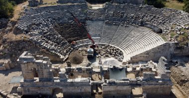 An aerial view shows the restoration works in Tlos' ancient theater, in the Seydikemer district, Muğla, southwestern Türkiye, Aug. 11, 2023. (AA Photo)
