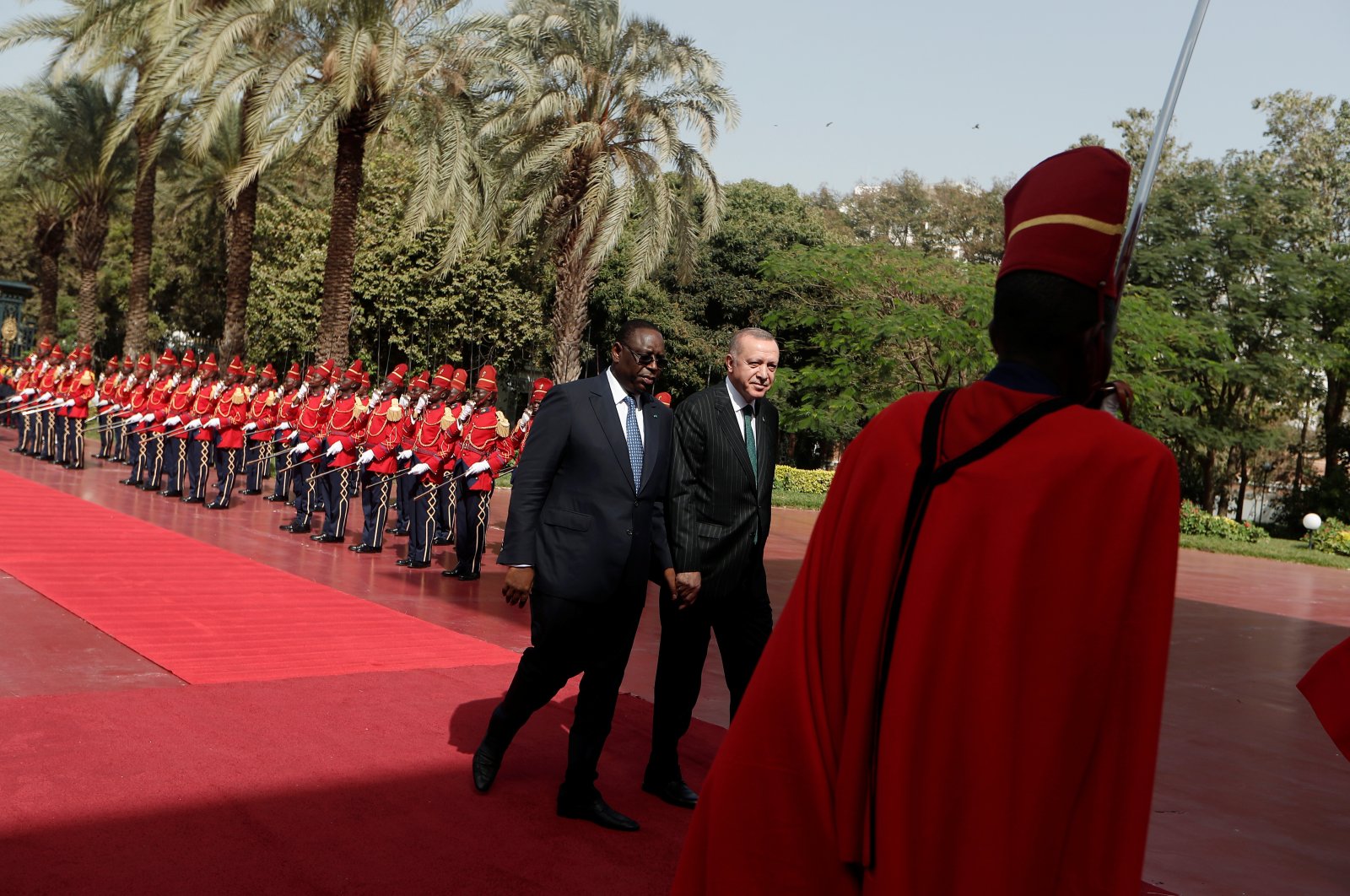 Senegal&#039;s President Macky Sall welcomes President Recep Tayyip Erdoğan at the presidential palace in Dakar, Senegal, Jan. 28, 2020. (Reuters Photo)