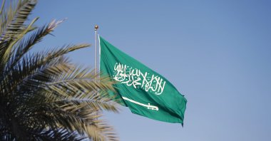 Saudi Arabia's flag behind a palm tree in this undisclosed location. (Shutterstock File Photo)
