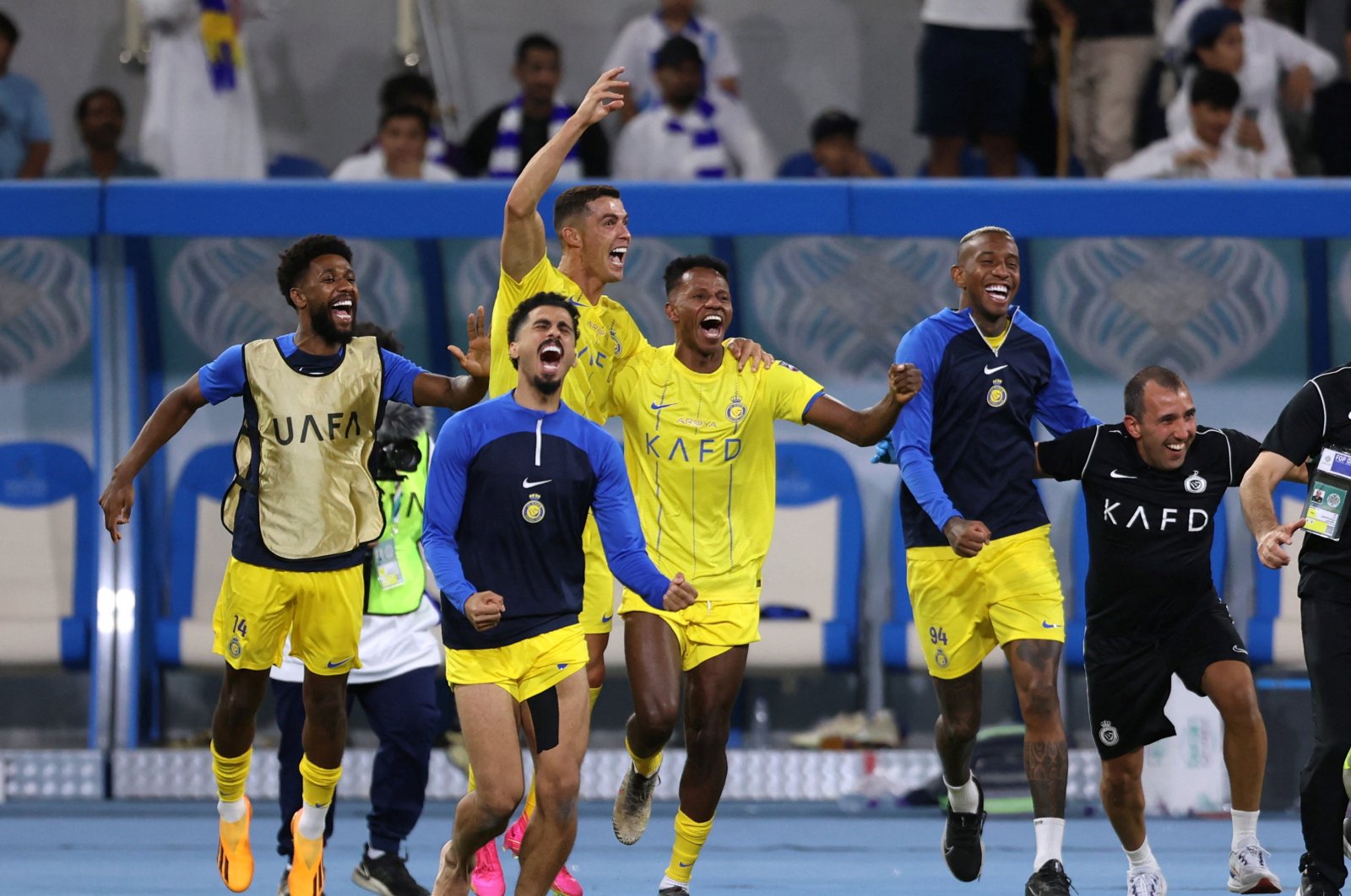 Al Nassr&#039;s Cristiano Ronaldo celebrates with teammates after winning the Arab Club Champions Cup final at King Fahd Stadium, Taif, Saudi Arabia, Aug. 12, 2023 (Reuters Photo) 