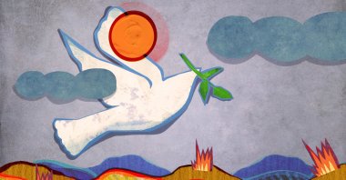 This illustration depicts the flight of a peace dove carrying an olive branch, also a symbol of peace, in its beak, soaring through flames. (Getty Images Illustration)
