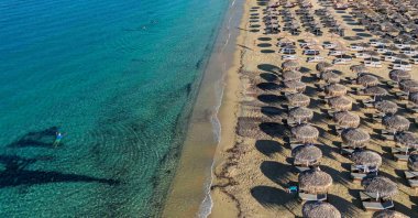 An aerial view shows Agios Prokopios beach, Naxos island, Greece, Aug. 8, 2023. (Reuters Photo)