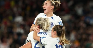 England players celebrate a goal during the 2023 Women&#039;s World Cup quarterfinal against Colombia, Sydney, Australia, Aug. 12, 2023. (AFP Photo)