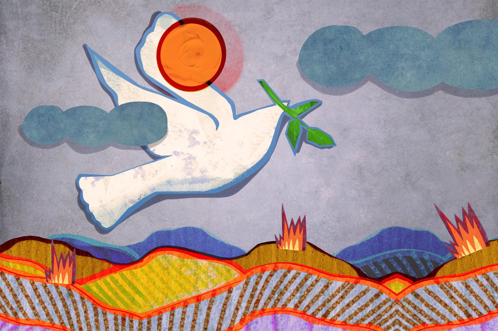 This illustration depicts the flight of a peace dove carrying an olive branch, also a symbol of peace, in its beak, soaring through flames. (Getty Images Illustration)