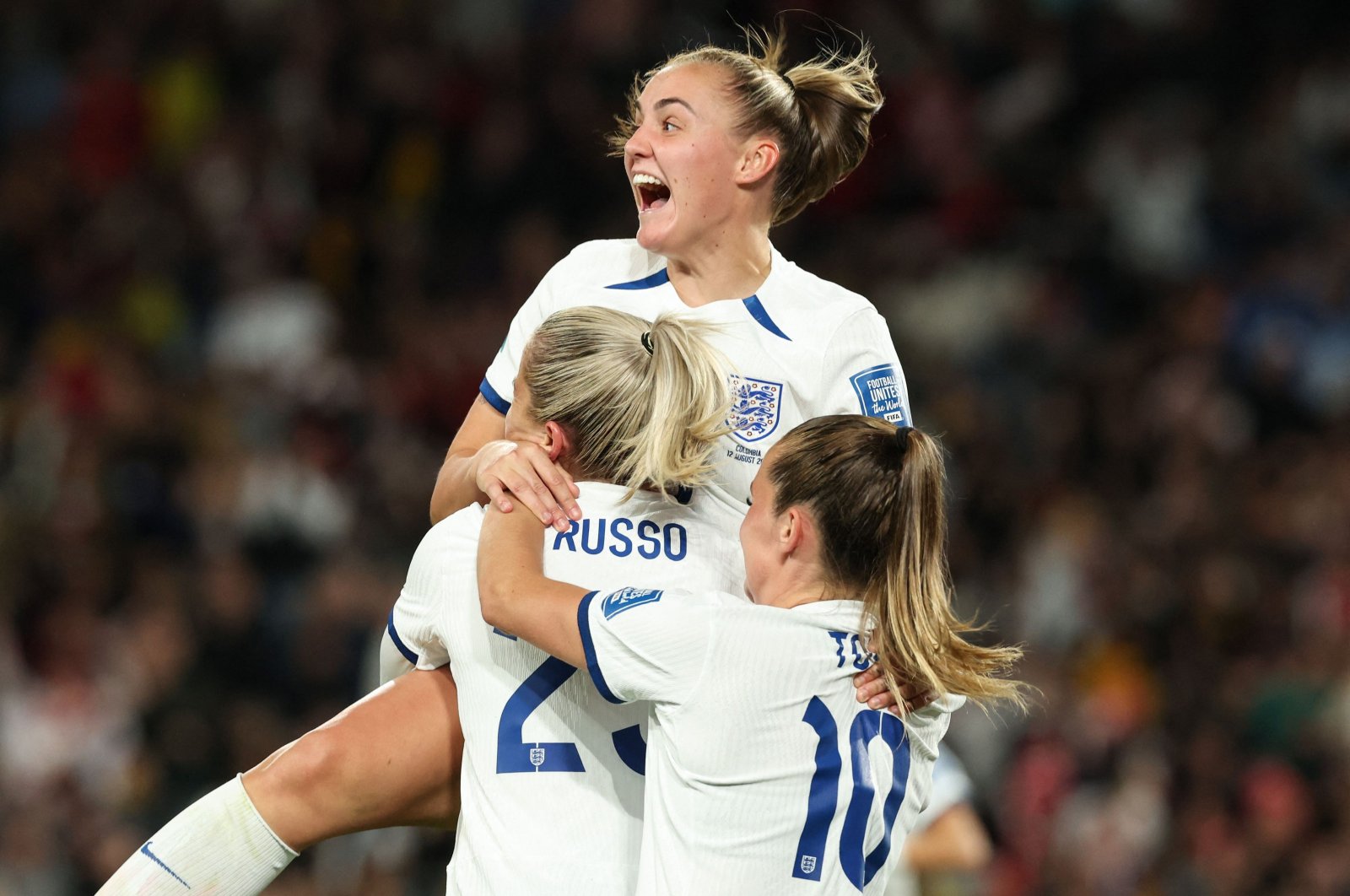 England players celebrate a goal during the 2023 Women&#039;s World Cup quarterfinal against Colombia, Sydney, Australia, Aug. 12, 2023. (AFP Photo)