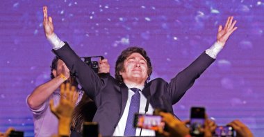 Argentine far-right presidential candidate Javier Milei celebrates the results of the primary elections in Buenos Aires, Argentina, Aug. 13, 2023. (AFP Photo)