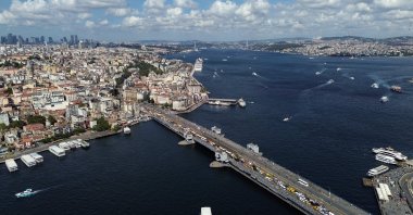 An aerial view of the iconic Galata Bridge, Istanbul, Türkiye, Aug. 13, 2023. (IHA Photo)