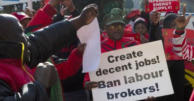 Members of the Congress of South Africa Trade Unions take part in an unemployment protest march in Johannesburg, South Africa, July 6, 2023. (AP Photo)