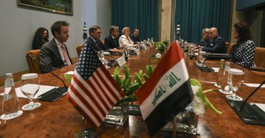 Iraqi Foreign Minister Fuad Hussein (R-2) attends a meeting with U.S. Secretary of State Antony Blinken (T-3) in Riyadh, Saudi Arabia, June 8, 2023. (AP Photo)