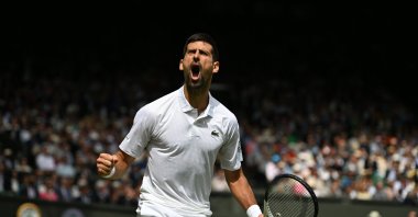 Novak Djokovic in action against Carlos Alcaraz during the Wimbledon final match, London, U.K., July 16, 2023. (AA Photo)