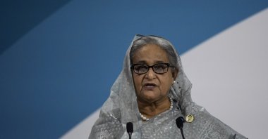 Prime Minister of Bangladesh Sheikh Hasina Wazed delivers a speech during the Paris Peace Forum, in Paris, Thursday, Nov. 11, 2021. (AP File Photo)