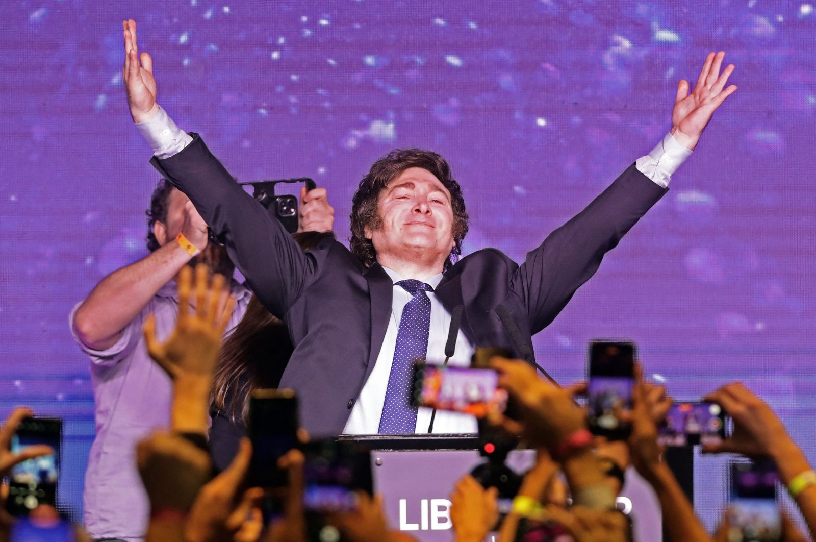 Argentine far-right presidential candidate Javier Milei celebrates the results of the primary elections in Buenos Aires, Argentina, Aug. 13, 2023. (AFP Photo)