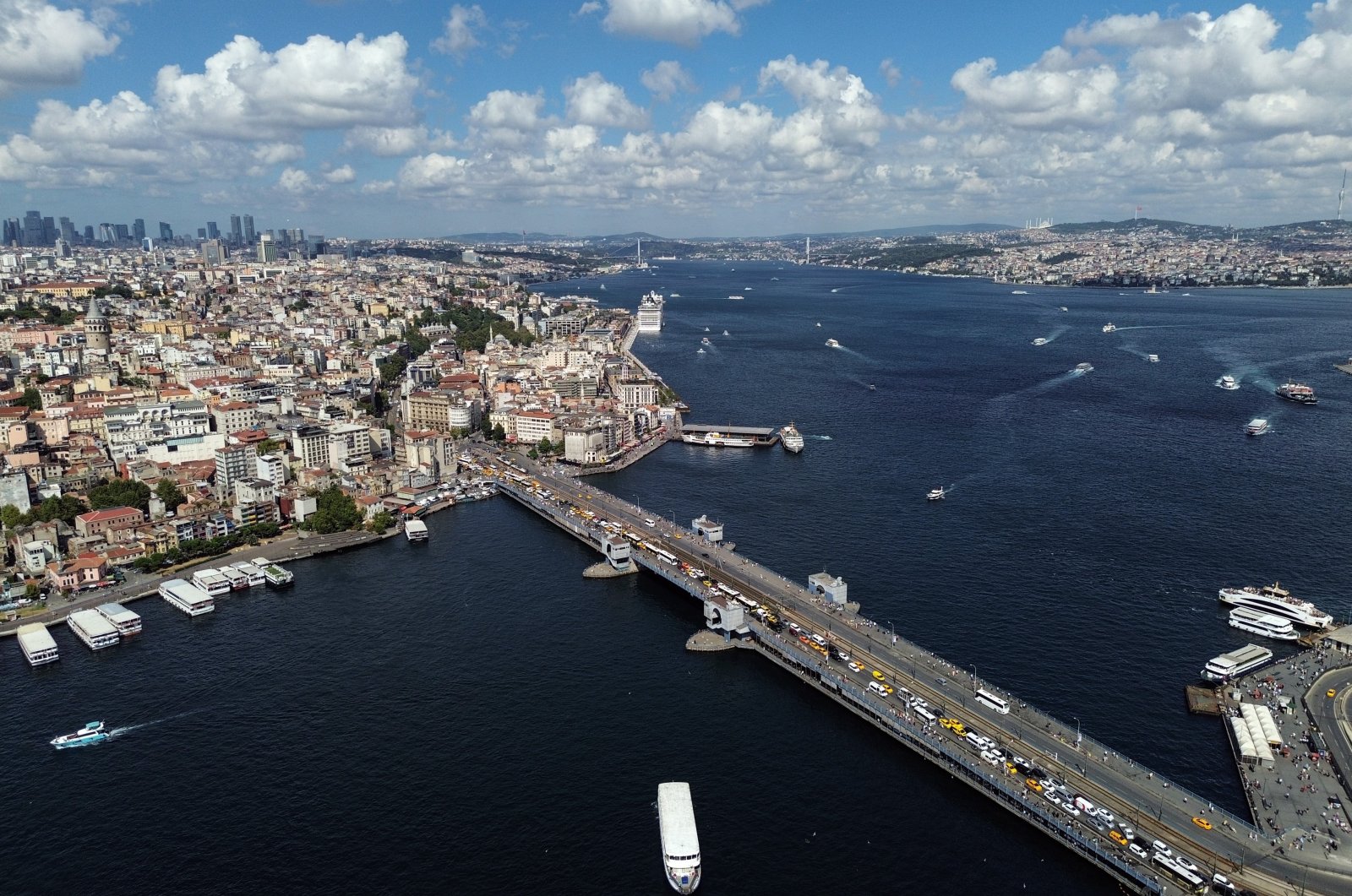 An aerial view of the iconic Galata Bridge, Istanbul, Türkiye, Aug. 13, 2023. (IHA Photo)