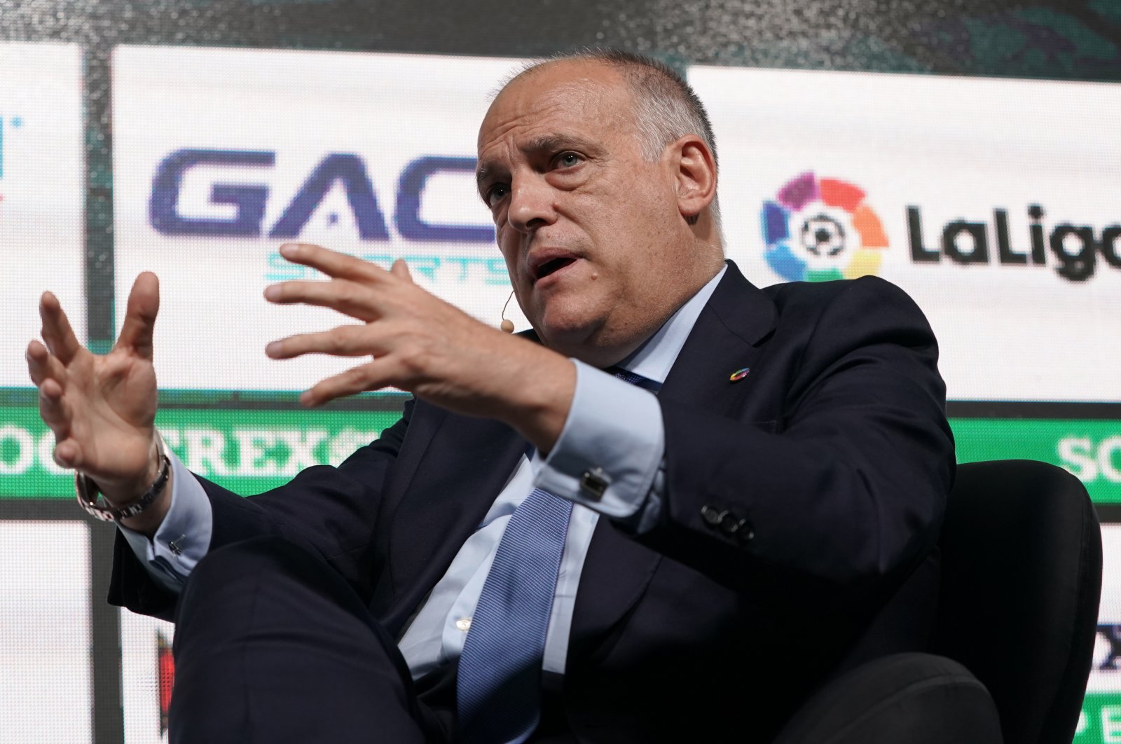 La Liga President Javier Tebas speaks during Day 1 of the Soccerex Europe Convention at Tagus Park, Lisbon, Portugal, Sept. 5, 2019. (Getty Images Photo)