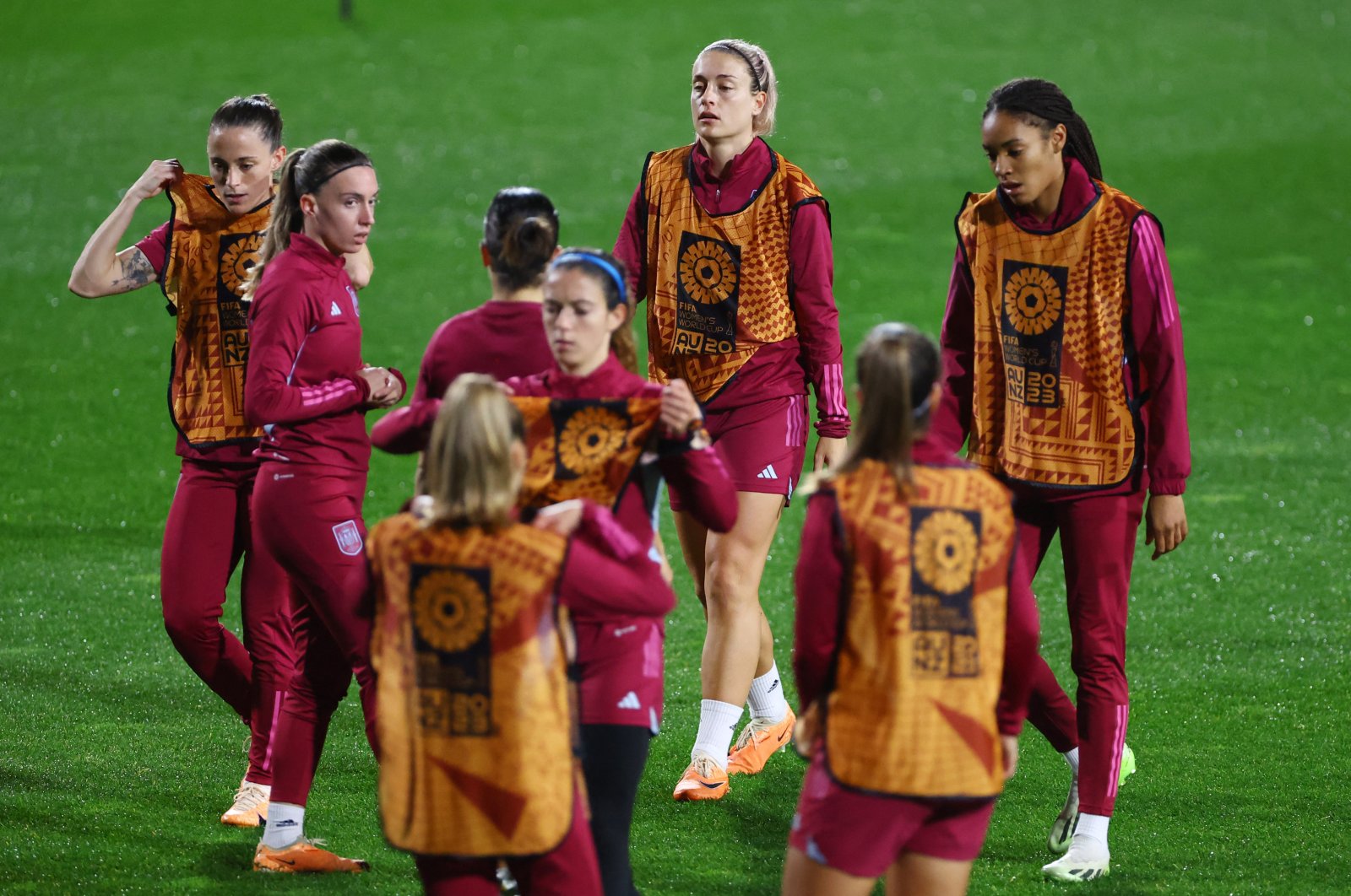 Spain&#039;s Alexia Putellas with Salma Paralluelo and teammates during training for the Women’s World Cup match North Harbour Stadium, Auckland, New Zealand, Aug.14, 2023. (Reuters Photo)