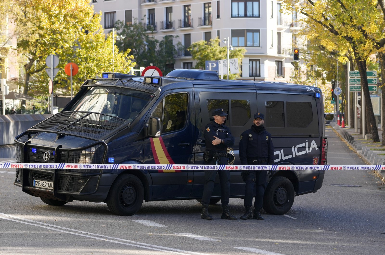 Police officers stand guard as they cordon off the area next to the U.S. embassy in Madrid, Spain, Thursday, Dec. 1, 2022. (AP File Photo)