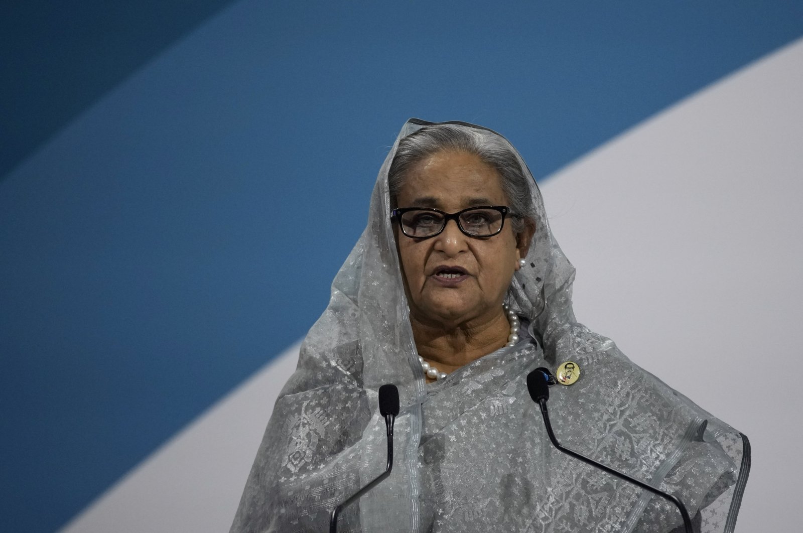 Prime Minister of Bangladesh Sheikh Hasina Wazed delivers a speech during the Paris Peace Forum, in Paris, Thursday, Nov. 11, 2021. (AP File Photo)