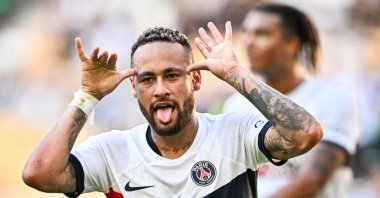 Paris Saint-Germain&#039;s Neymar celebrates after scoring a goal against Jeonbuk Hyundai Motors during their friendly football match at the Asiad Main Stadium in Busan, South Korea, Aug. 3, 2023. (AFP Photo)