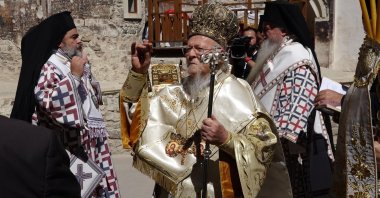 Fener Greek Patriarch Bartholomew is seen performing the ritual at Sümela Monastery, Trabzon, Türkiye, Aug. 15, 2023. (DHA Photo)