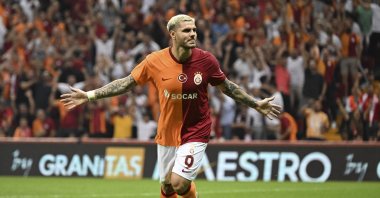 Galatasaray's Mauro Icardi celebrates after scoring during the Champions League round 3 match against Olimpija Ljubljana, Istanbul, Türkiye, Aug. 15, 2023. (AA Photo)