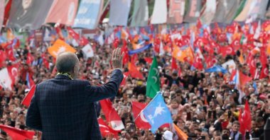 President Recep Tayyip Erdoğan greets his supporters during a rally ahead of the May 14 presidential and parliamentary elections, in Ankara, Türkiye, April 30, 2023. (Reuters Photo)
