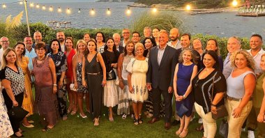U.S. Ambassador to Ankara Jeffry Flake (5th from R) and executives of AmCham Türkiye member companies pose for a photo in Bodrum, Muğla province, southern Türkiye, provided on Aug. 16, 2023. (Courtesy of AmCham Türkiye)