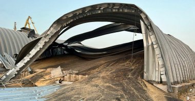 A handout picture made available by Oleh Kiper, the head of the Odesa Regional Administration, shows a grain depot at the damaged grain terminal of a port on the Danube River, Odesa region, southern Ukraine, Aug. 16, 2023 (EPA via Odesa Regional Administration handout)