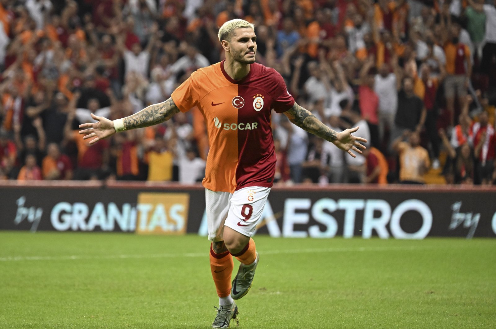 Galatasaray&#039;s Mauro Icardi celebrates after scoring during the Champions League round 3 match against Olimpija Ljubljana, Istanbul, Türkiye, Aug. 15, 2023. (AA Photo)