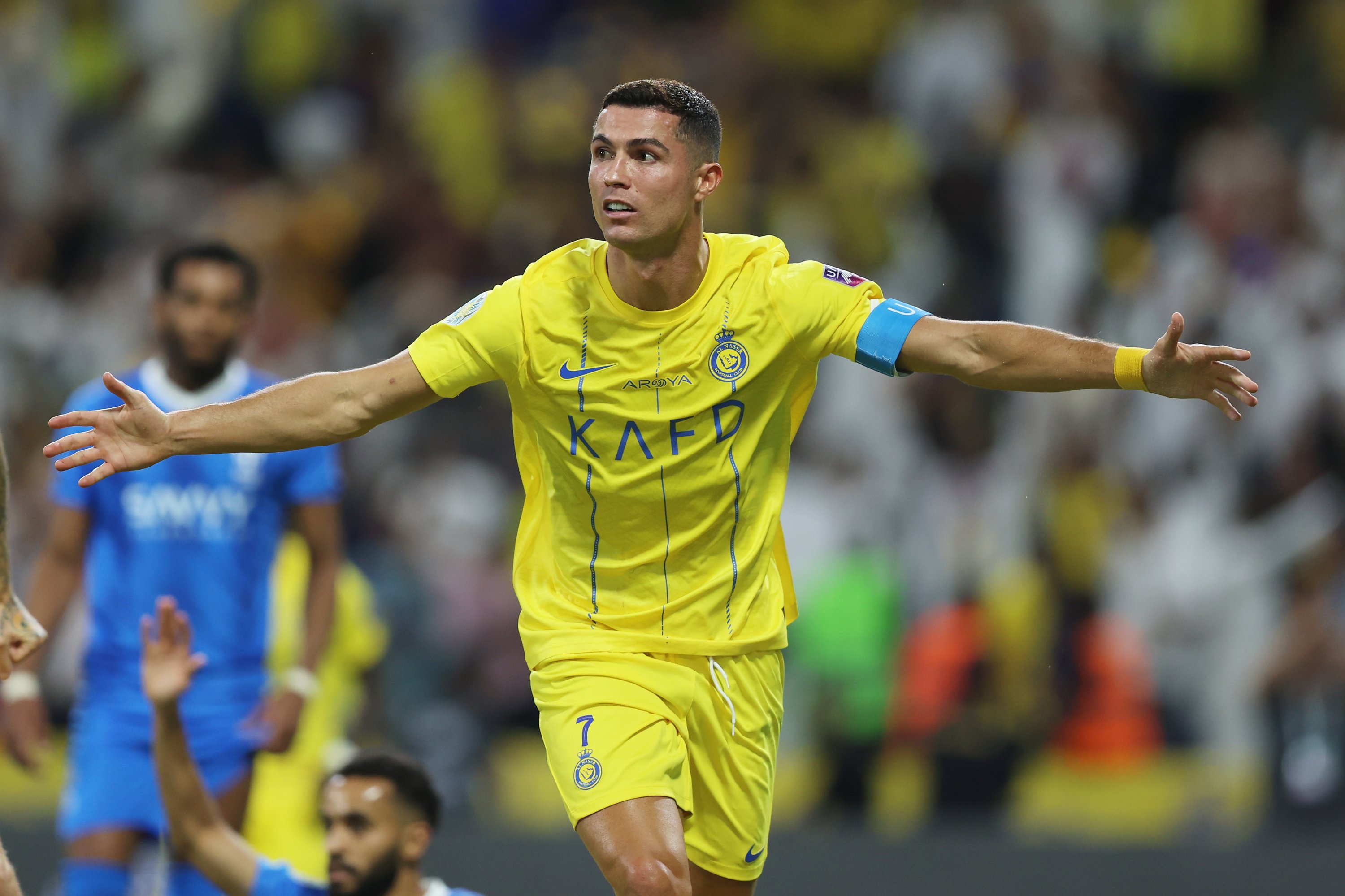 Al Nassr's Cristiano Ronaldo celebrates after scoring the team's second goal during the Arab Club Champions Cup Final between Al Hilal and Al Nassr at King Fahd International Stadium, Riyadh, Saudi Arabia, Aug. 12, 2023. (Getty Images Photo)