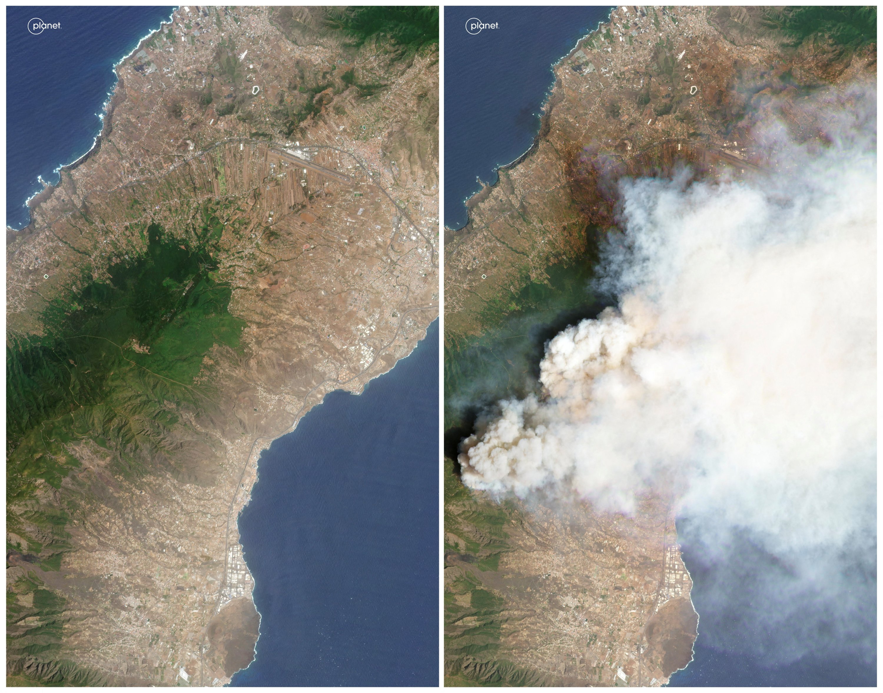 A combination of satellite images shows the island of Tenerife before and during the wildfire, Spain Aug. 13, 2023 (L) and Aug. 16, 2023. (Reuters Photo)