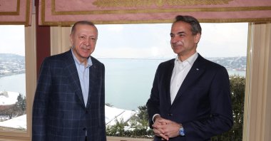 President Recep Tayyip Erdoğan meets with Greek Prime Minister Kyriakos Mitsotakis in Istanbul, Türkiye, March 13, 2022. (Reuters Photo)