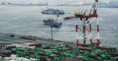 Cargo vessels enter and exit the Aomi Container Terminal in Tokyo, Japan, Aug. 16, 2023. (EPA Photo)