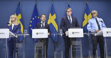 From left, Sweden&#039;s Security Police Chief Charlotte von Essen, Prime Minister Ulf Kristersson, Justice Minister Gunnar Strommer and National Police Commissioner Anders Thornberg attend a news conference in Stockholm, Sweden, Thursday, Aug. 17, 2023. (AP Photo)