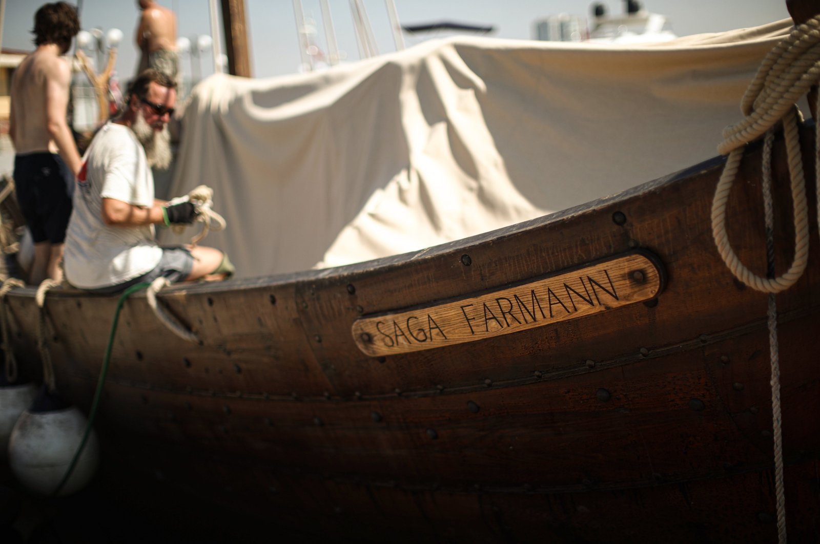 The reconstructed Viking sailboat &quot;Saga Farmann,&quot; Istanbul, Türkiye, Aug. 2, 2023. (AA Photo) 