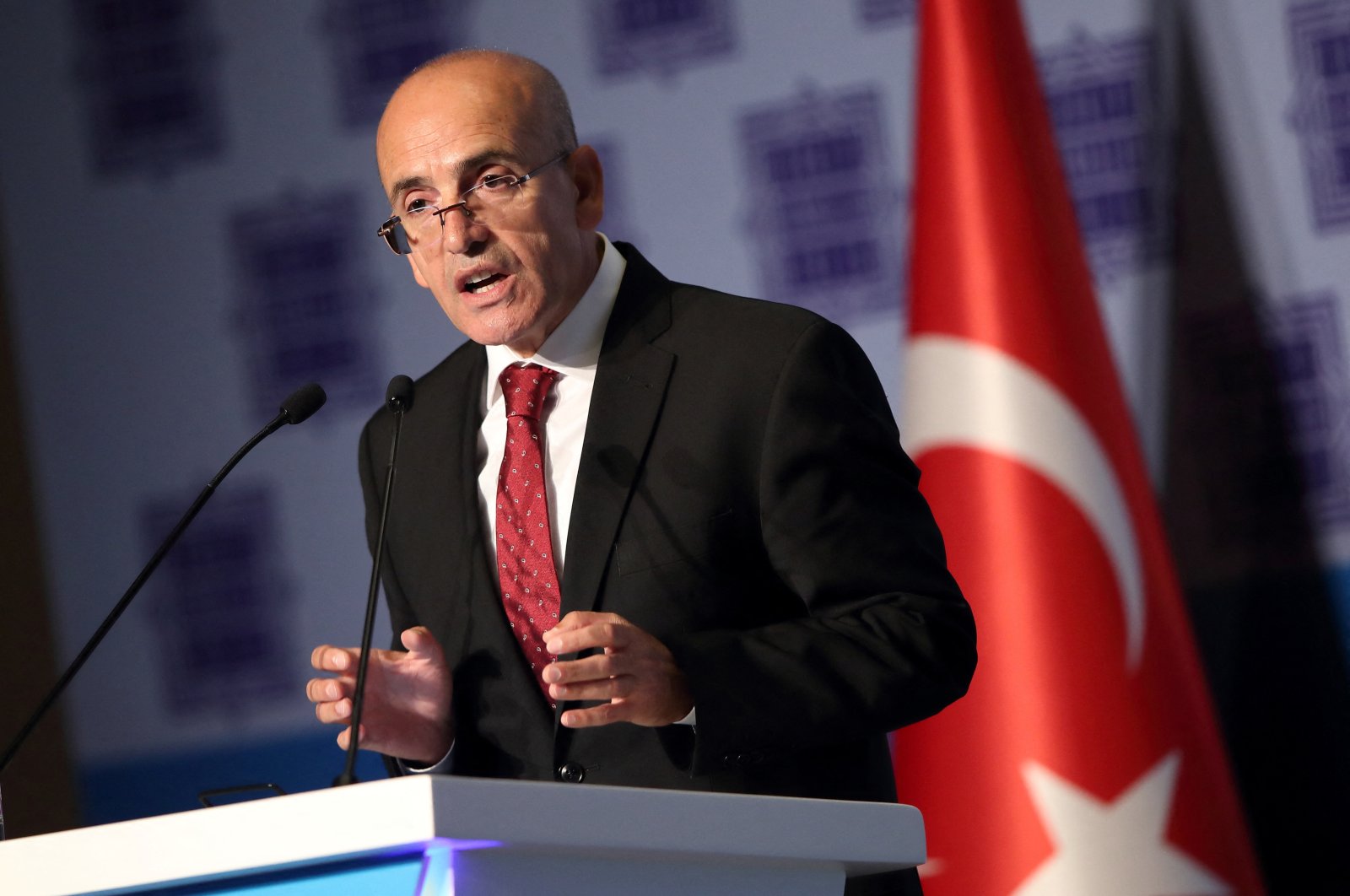Finance Minister Mehmet Şimşek speaks during the 66th General Assembly of the Banks Association of Türkiye (TBB) in Istanbul, Türkiye, Aug. 17, 2023. (Reuters Photo)