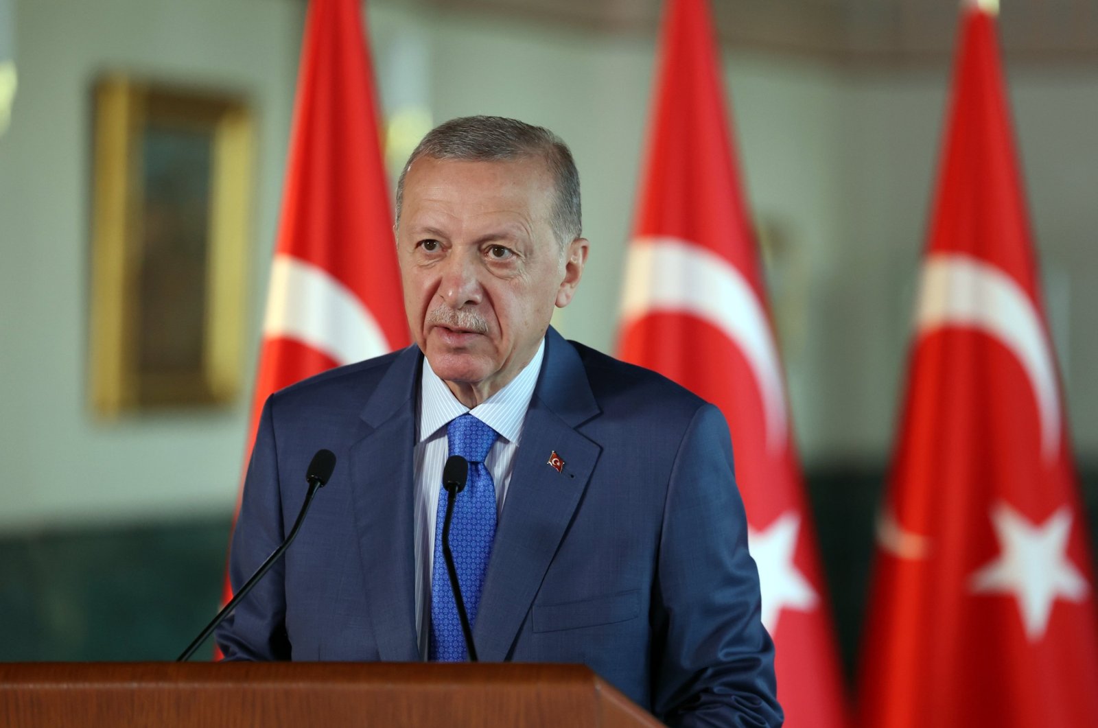 President Recep Tayyip Erdoğan delivers a speech via videoconference at a Kahramanmaraş groundbreaking ceremony, Ankara, Türkiye, Aug. 10, 2023. (AA Photo)
