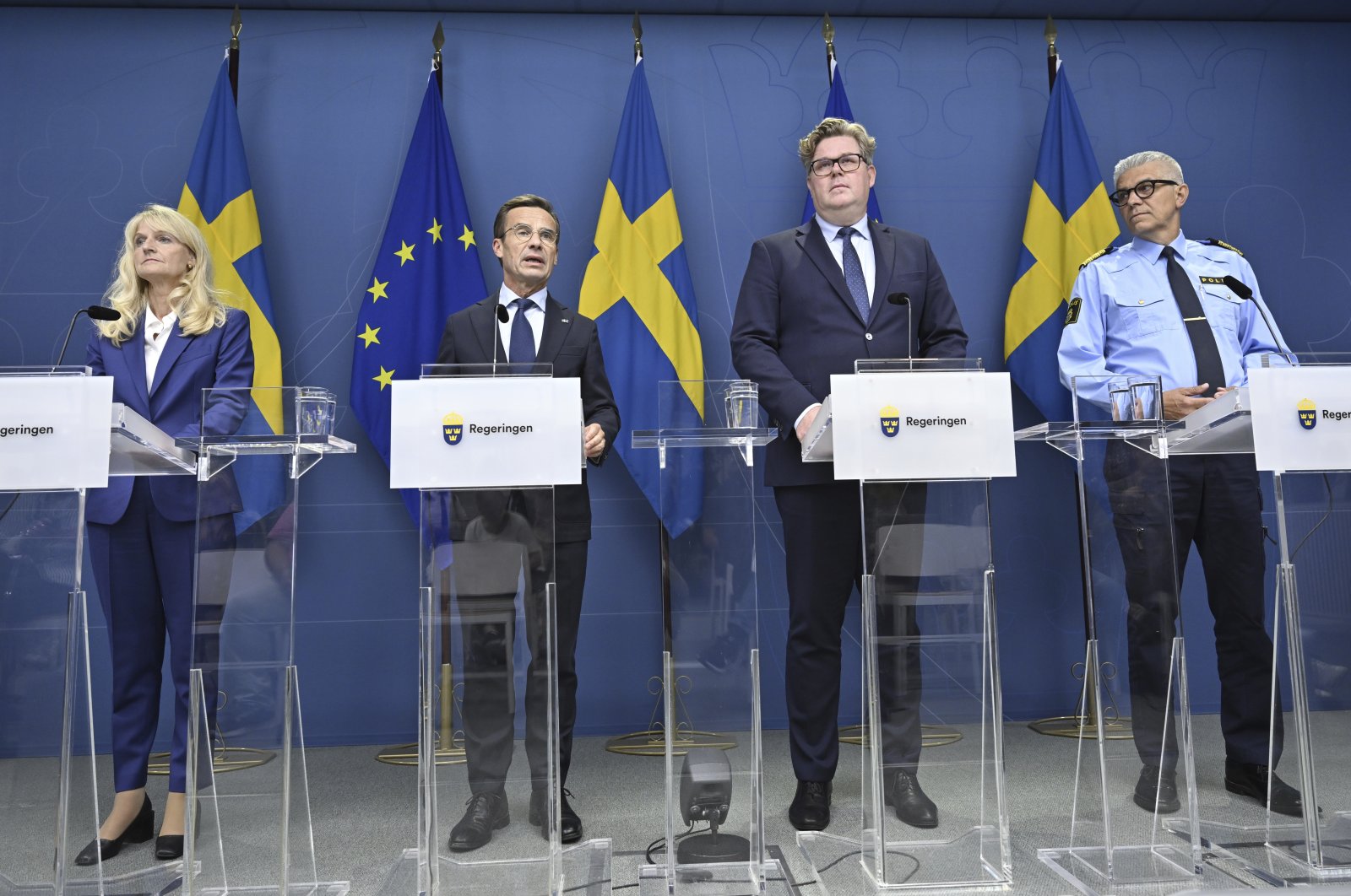 From left, Sweden&#039;s Security Police Chief Charlotte von Essen, Prime Minister Ulf Kristersson, Justice Minister Gunnar Strommer and National Police Commissioner Anders Thornberg attend a news conference in Stockholm, Sweden, Thursday, Aug. 17, 2023. (AP Photo)