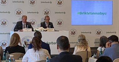 U.S. Ambassador Jake Flake (L) and Hasan Basri Göktan, Şekerbank chairperson, are seen during a press conference in Istanbul, Türkiye, Aug. 18, 2023. (AA Photo)