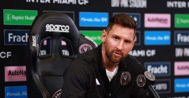 Inter Miami&#039;s Lionel Messi reacts during a press conference at DRV PNK Stadium, Florida, U.S., Aug. 17, 2023. (Getty Images Photo)