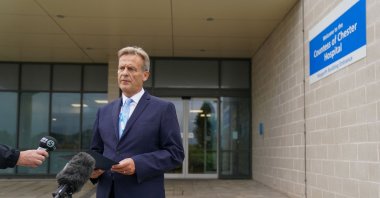 Countess of Chester Hospital, Medical Director, Nigel Scawn, delivers a statement to the media outside of the hospital, in Chester, northwest England on Aug. 18, 2023. (AFP Photo)